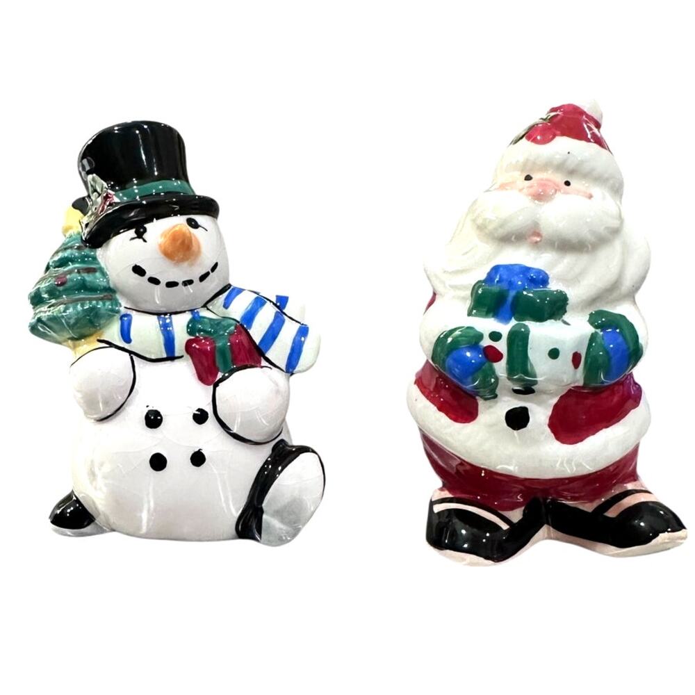 Fitz and Floyd 2011 Bright and Merry Santa Snowman Salt and Pepper Shakers Set